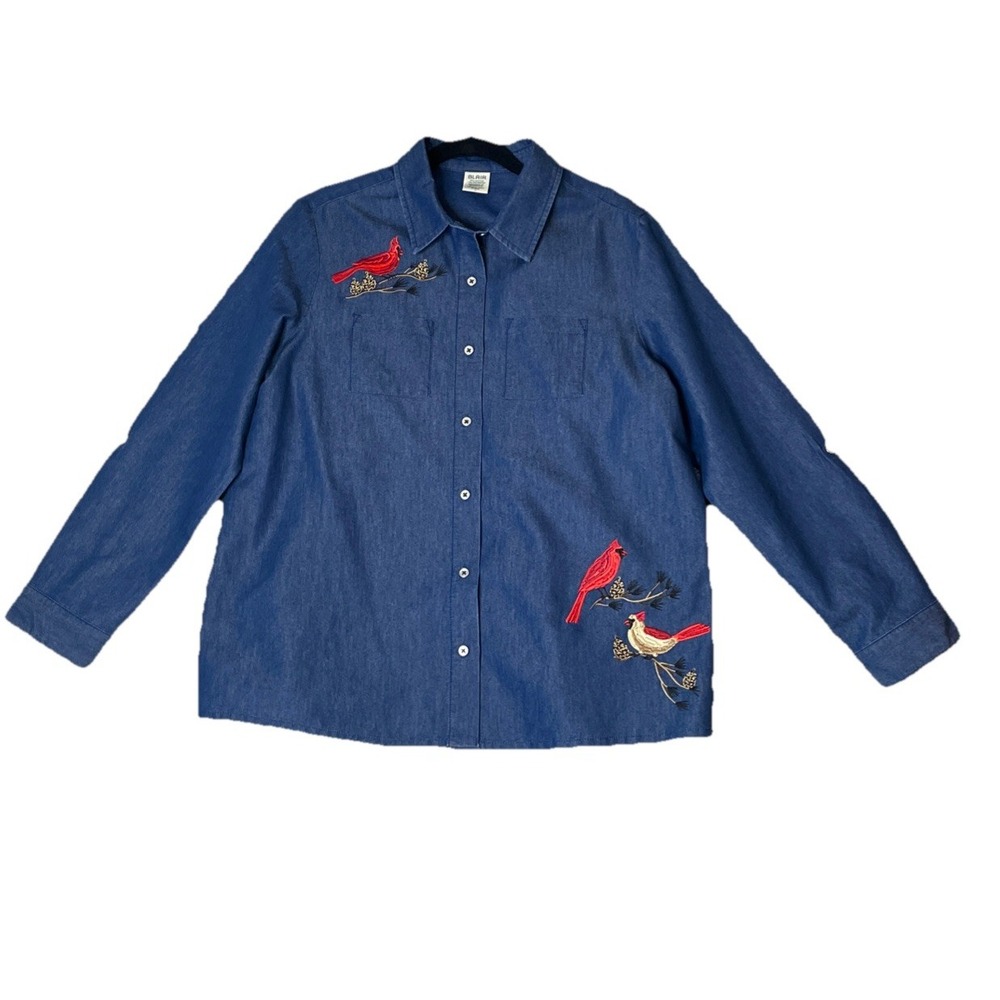 Blair Womens L Button Up Denim‎ Shirt Blue Cardinal Bird Embroidery Long Sleeve